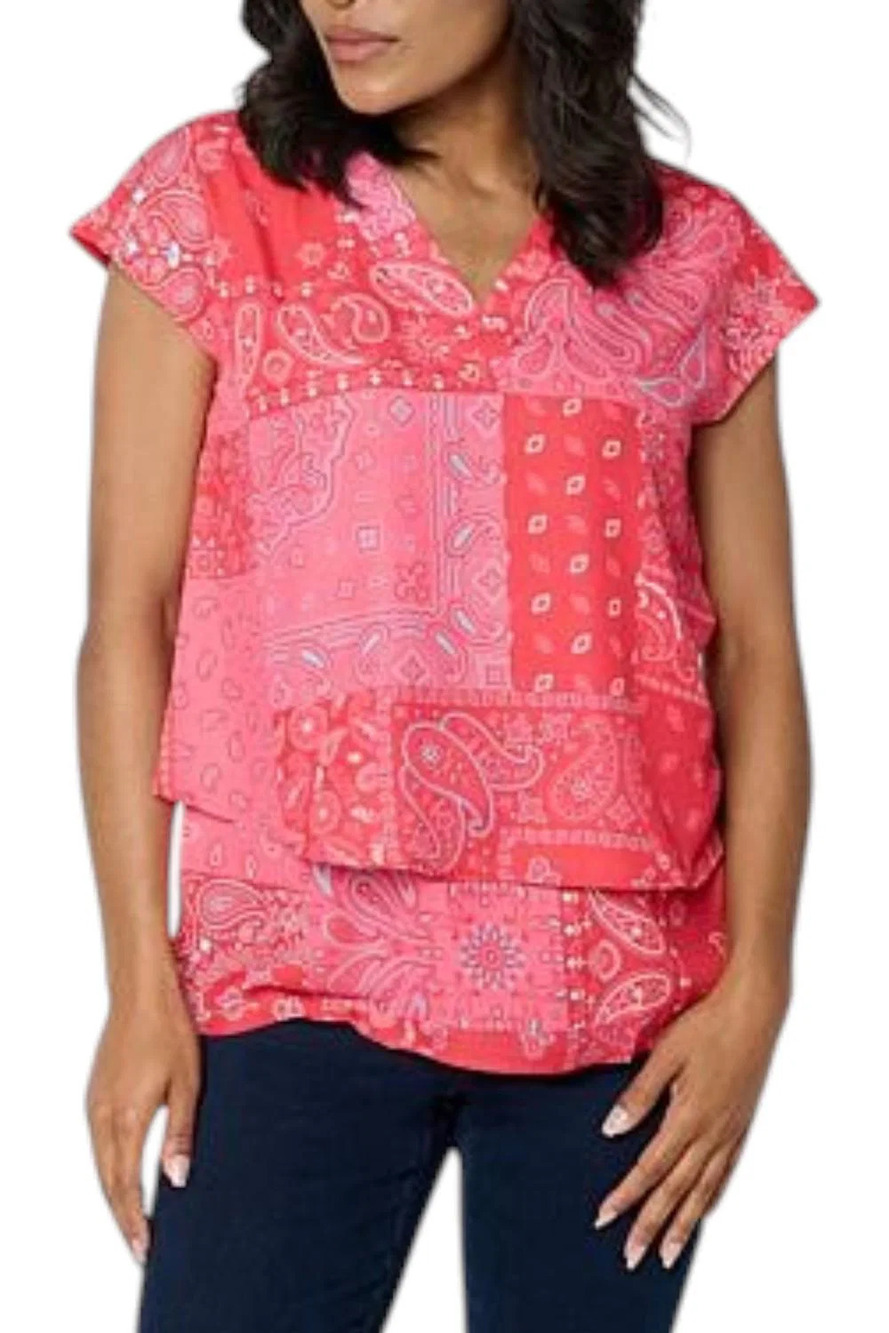 DG2 by Diane Gilman Women's Crepe V-Neck Cap-Slv Top Red Bandana - Regular
